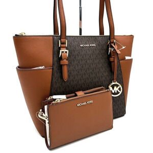 Michael Kors Large Charlotte Tote Bag & Large Double Zip Wallet Brown (NWT)